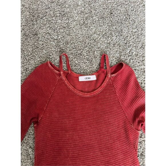 able Shoulder Cutout Raw Hem Thermal Dress Red Bohemian S Distressed Flowy - Picture 3 of 10
